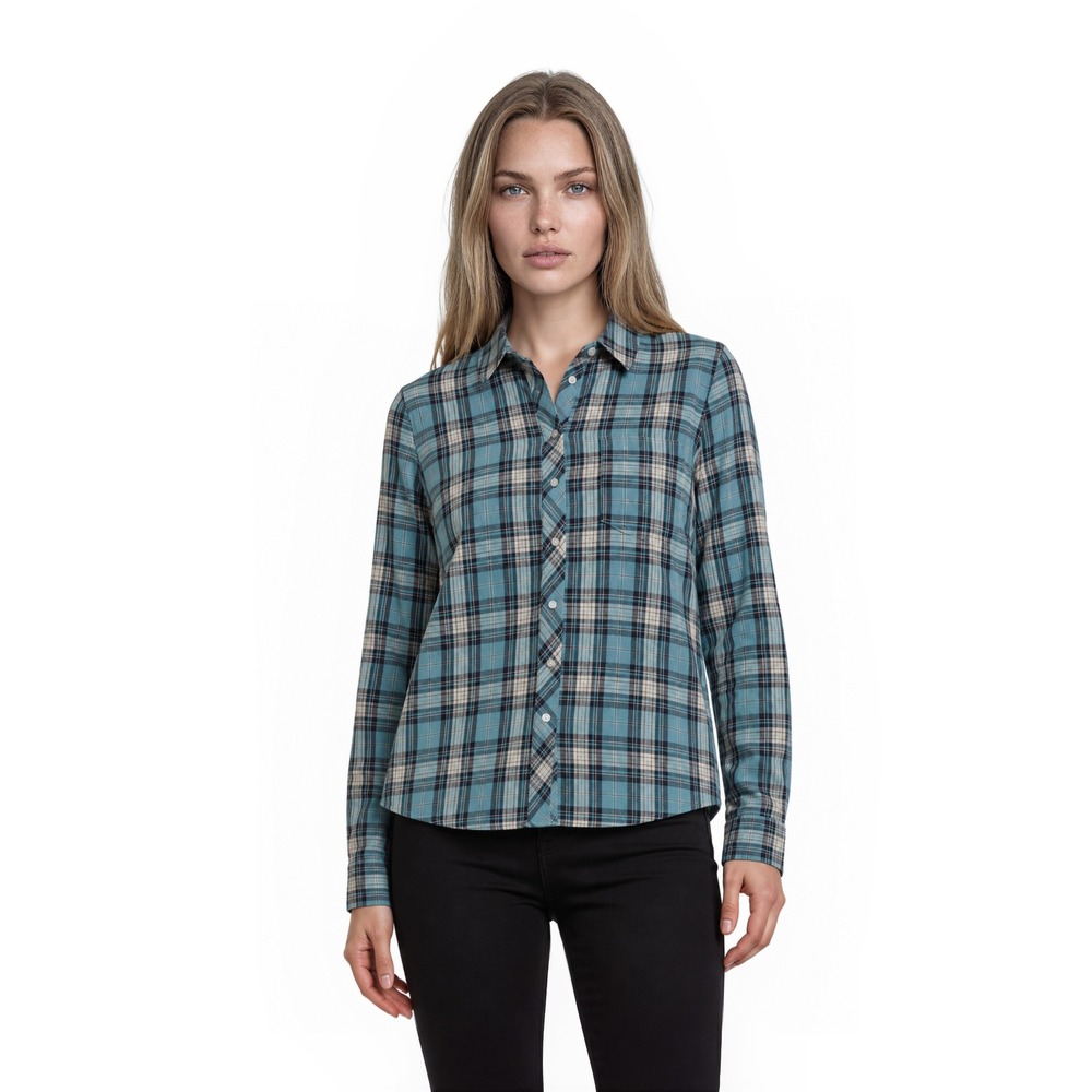 Talbots Plaid Button Blouse Shirt Top Women's Size Large Teal Silver Long Sleeve